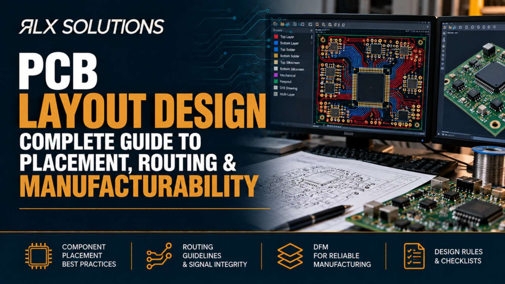 RLX Solutions cover graphic for PCB Layout Design: Complete Guide to Placement, Routing & Manufacturability, showing printed circuit board imagery