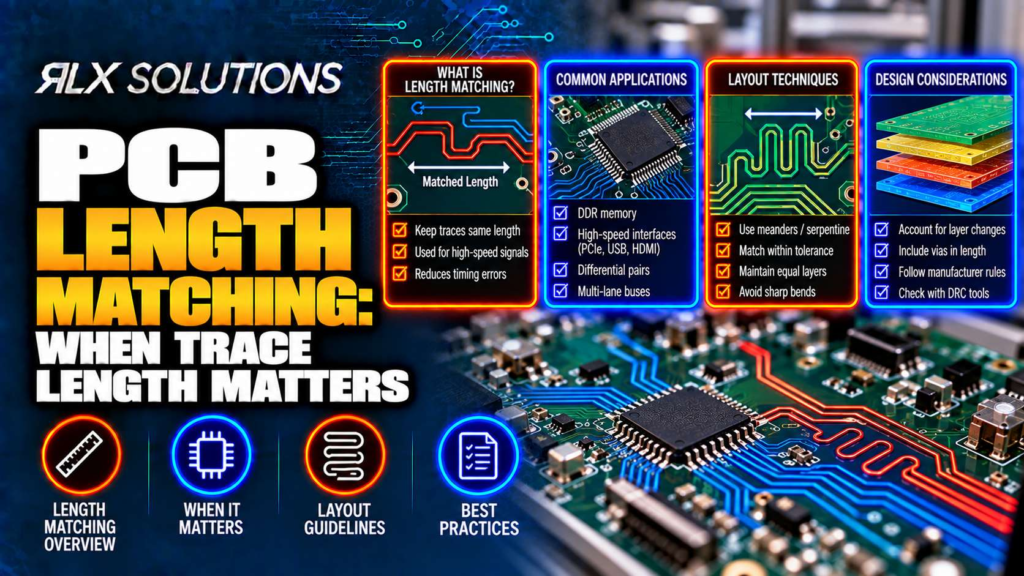 RLX Solutions cover graphic for PCB Length Matching: When Trace Length Matters, showing printed circuit board imagery