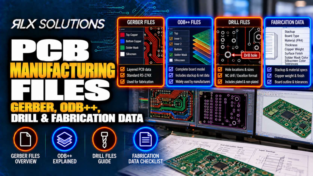 RLX Solutions cover graphic for PCB Manufacturing Files: Gerber, ODB++, Drill & Fabrication Data, showing printed circuit board imagery