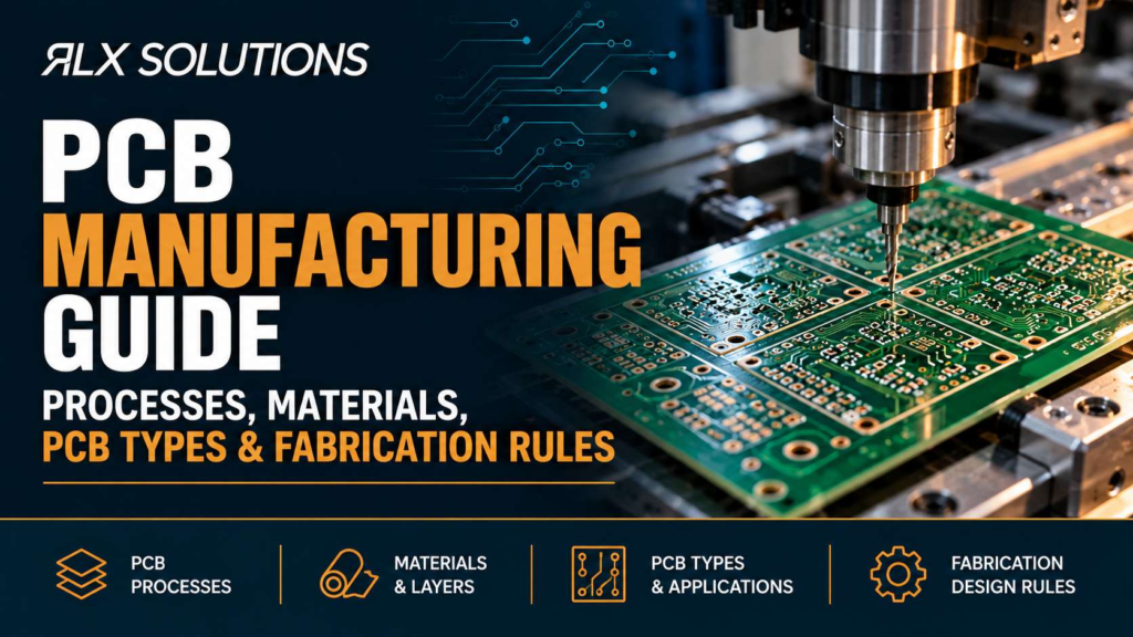 RLX Solutions cover graphic for PCB Manufacturing Guide: Processes, Materials, PCB Types & Fabrication Rules, showing printed circuit board imagery