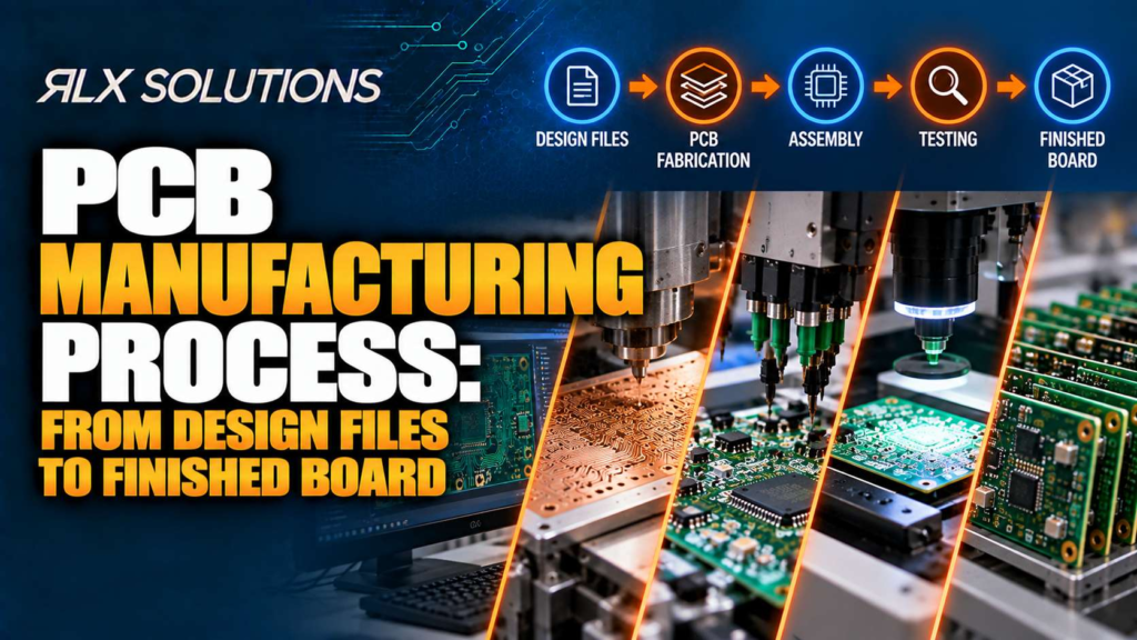 RLX Solutions cover graphic for PCB Manufacturing Process From Design Files to Finished Board, showing printed circuit board imagery