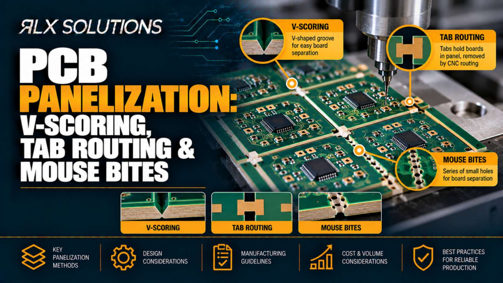 RLX Solutions cover graphic for PCB Panelization: V-Scoring, Tab Routing & Mouse Bites, showing printed circuit board imagery