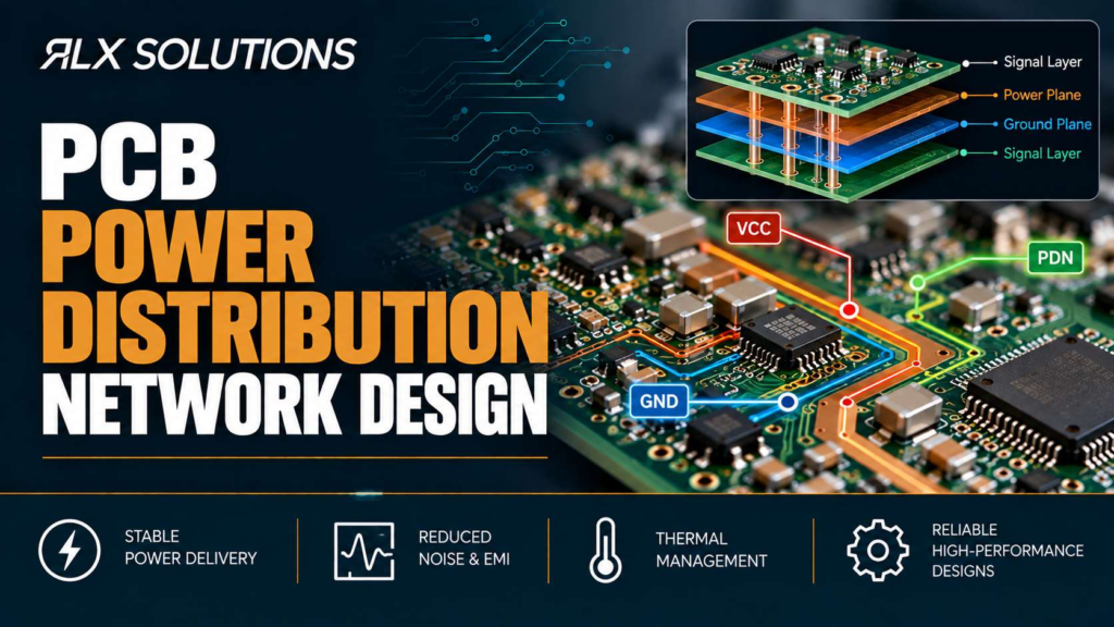 RLX Solutions cover graphic for PCB Power Distribution Network Design, showing printed circuit board imagery