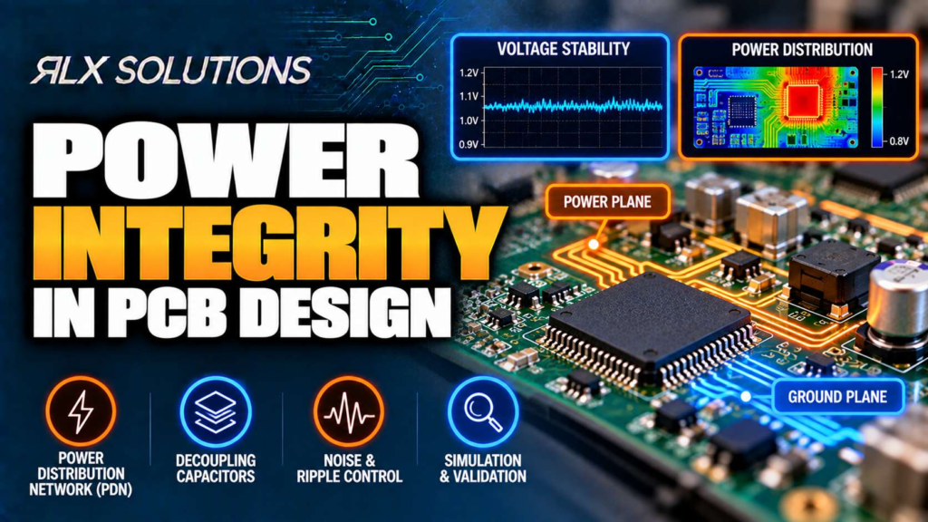 RLX Solutions cover graphic for Power Integrity in PCB Design: How to Build a Stable Power Delivery Network, showing printed circuit board imagery