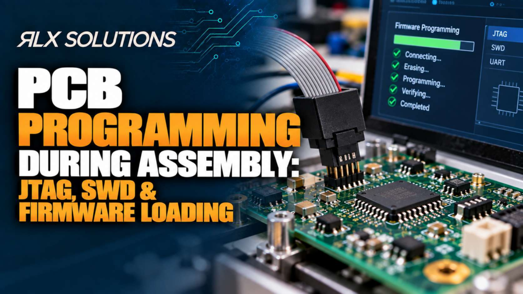 RLX Solutions cover graphic for PCB Programming During Assembly: JTAG, SWD & Firmware Loading, showing printed circuit board imagery
