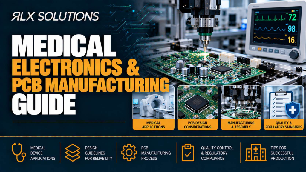 RLX Solutions cover graphic for Medical Electronics PCB Manufacturing Guide, showing printed circuit board imagery