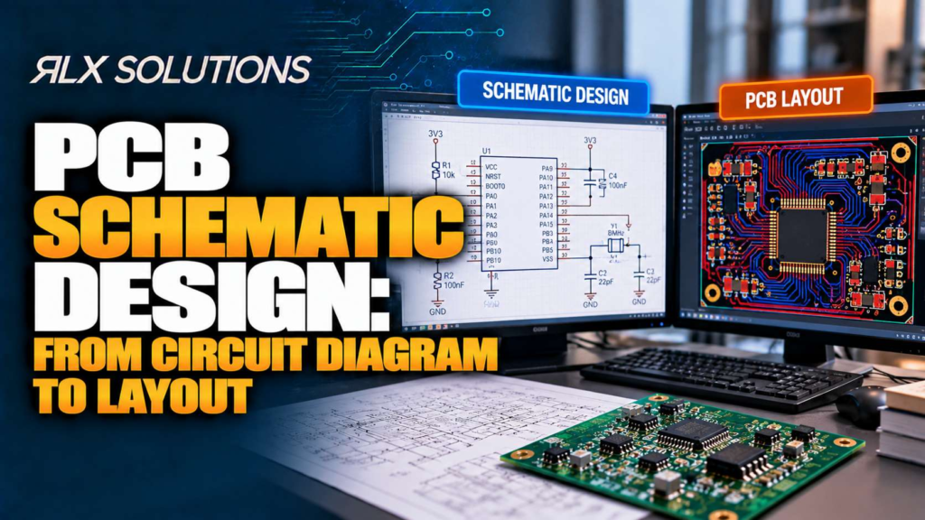 RLX Solutions cover graphic for PCB Schematic Design: From Circuit Diagram to Layout, showing printed circuit board imagery