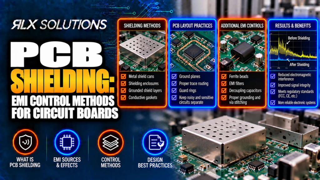 RLX Solutions cover graphic for PCB Shielding: EMI Control Methods for Circuit Boards, showing printed circuit board imagery