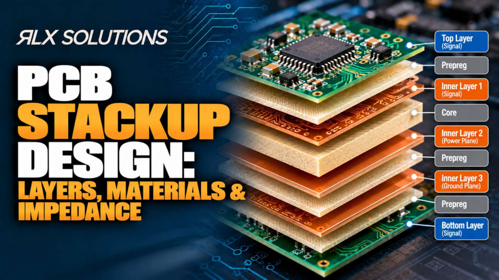 RLX Solutions cover graphic for PCB Stackup Design: Layers, Materials & Impedance, showing printed circuit board imagery