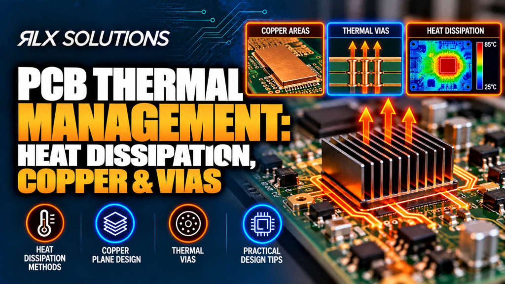 RLX Solutions cover graphic for PCB Thermal Management: Heat Dissipation, Copper & Vias, showing printed circuit board imagery