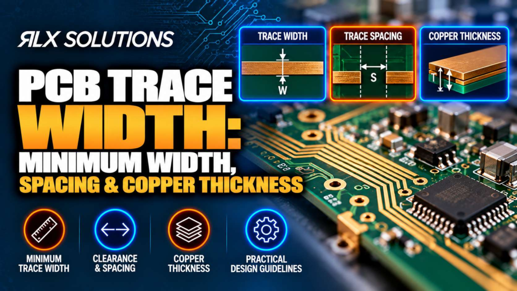 RLX Solutions cover graphic for PCB Trace Width: Minimum Width, Spacing & Copper Thickness, showing printed circuit board imagery