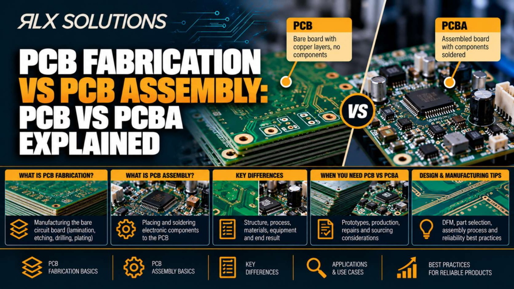 RLX Solutions cover graphic for PCB Fabrication vs PCB Assembly: PCB vs PCBA Explained, showing printed circuit board imagery