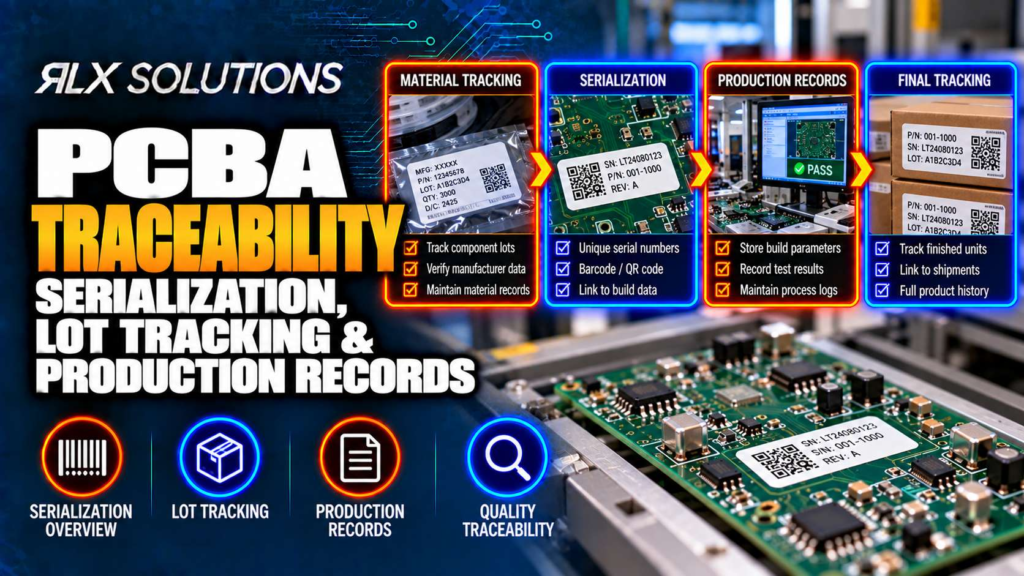RLX Solutions cover graphic for PCB Assembly Traceability: Serialization, Lot Tracking & Production Records, showing printed circuit board imagery