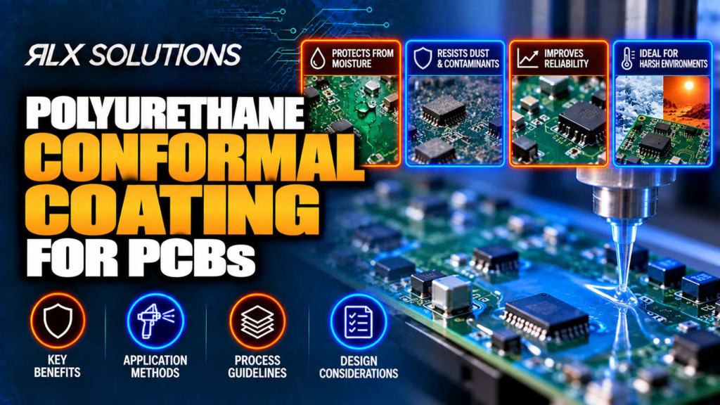 RLX Solutions cover graphic for Polyurethane Conformal Coating for PCBs, showing printed circuit board imagery