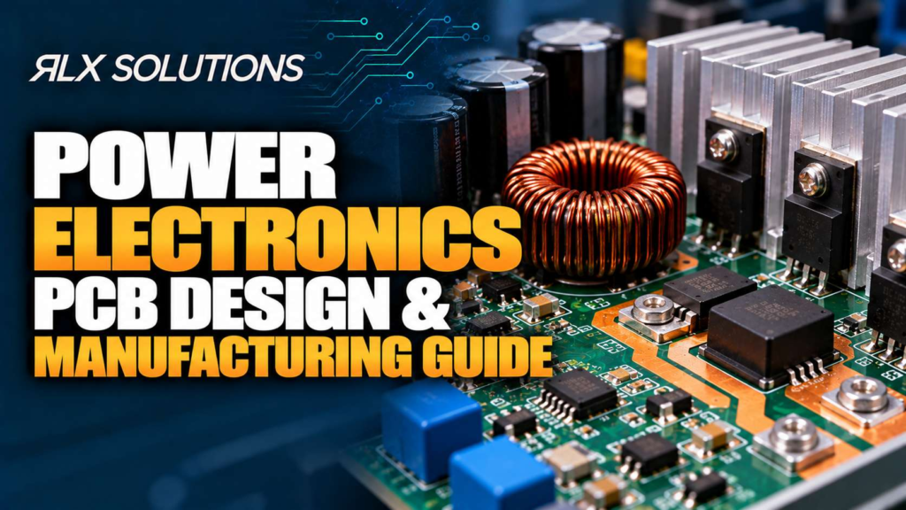 RLX Solutions cover graphic for Power Electronics PCB Design & Manufacturing Guide, showing printed circuit board imagery