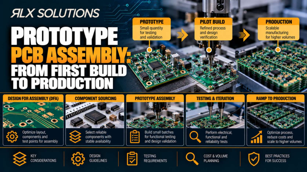 RLX Solutions cover graphic for Prototype PCB Assembly: From First Build to Production, showing printed circuit board imagery
