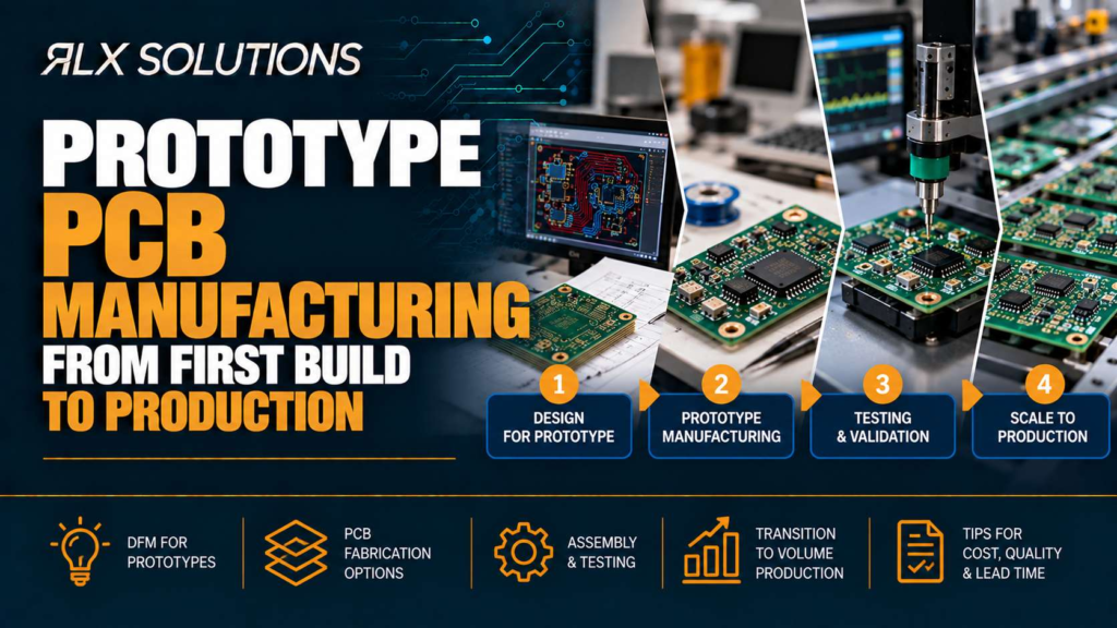RLX Solutions cover graphic for Prototype PCB Manufacturing: From First Build to Production, showing printed circuit board imagery