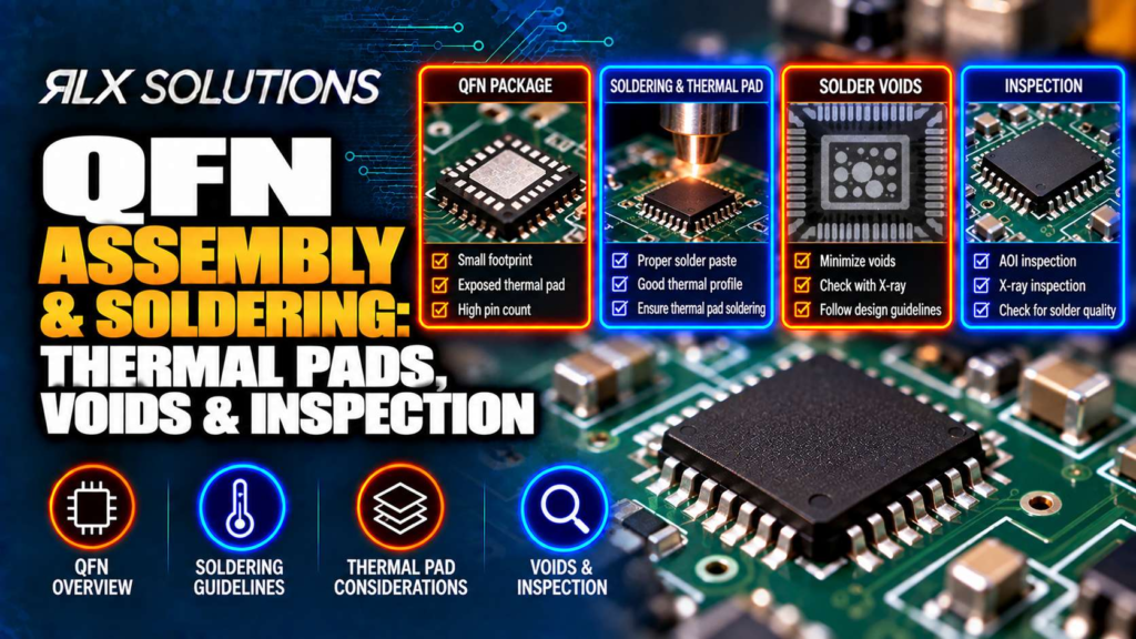 RLX Solutions cover graphic for QFN Assembly & Soldering: Thermal Pads, Voids & Inspection, showing printed circuit board imagery