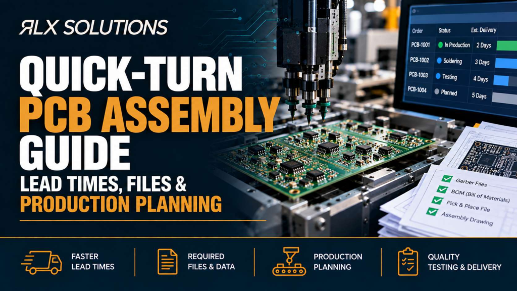 RLX Solutions cover graphic for Quick-Turn PCB Assembly: Lead Times, Files & Production Planning, showing printed circuit board imagery