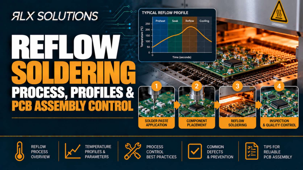RLX Solutions cover graphic for Reflow Soldering: Process, Profiles & PCB Assembly Control, showing printed circuit board imagery