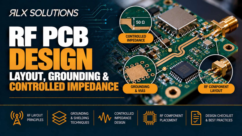 RLX Solutions cover graphic for RF PCB Design: Layout, Grounding & Controlled Impedance, showing printed circuit board imagery