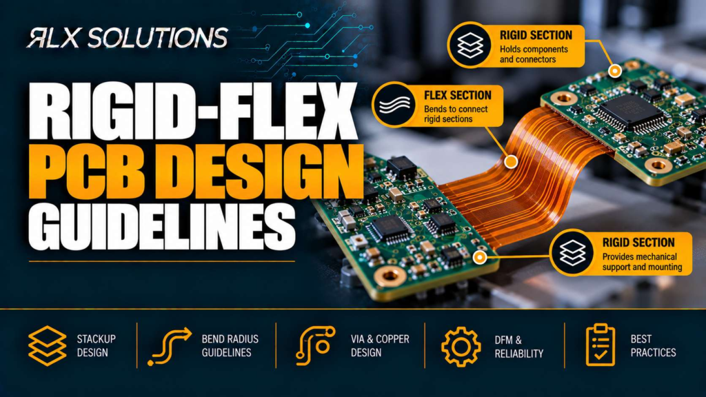 RLX Solutions cover graphic for Rigid-Flex PCB Design Guidelines for Reliable Manufacturing, showing printed circuit board imagery