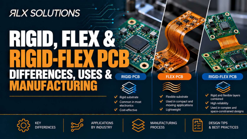RLX Solutions cover graphic for Rigid, Flex & Rigid-Flex PCB: Differences, Uses & Manufacturing, showing printed circuit board imagery