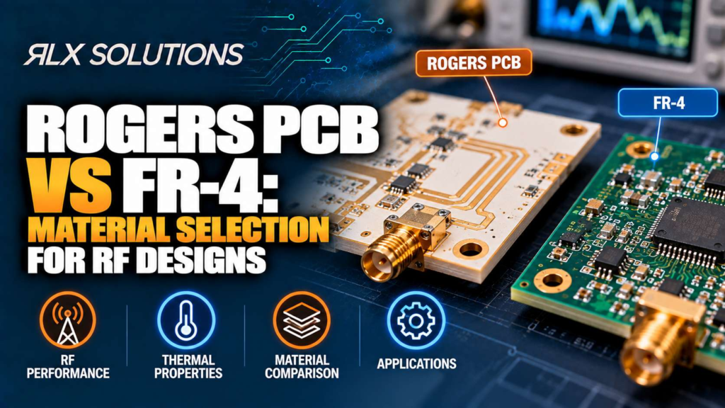 RLX Solutions cover graphic for Rogers PCB vs FR-4: Material Selection for RF Designs, showing printed circuit board imagery