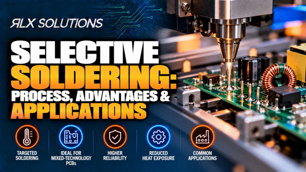 RLX Solutions cover graphic for Selective Soldering: Process, Advantages & Applications, showing printed circuit board imagery