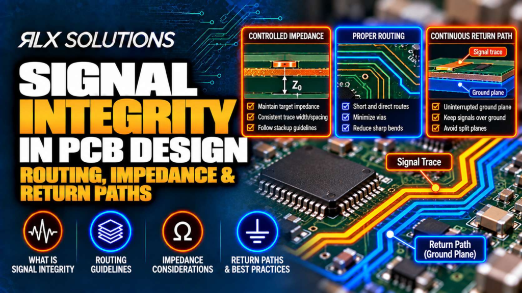 RLX Solutions cover graphic for Signal Integrity in PCB Design: Routing, Impedance & Return Paths, showing printed circuit board imagery