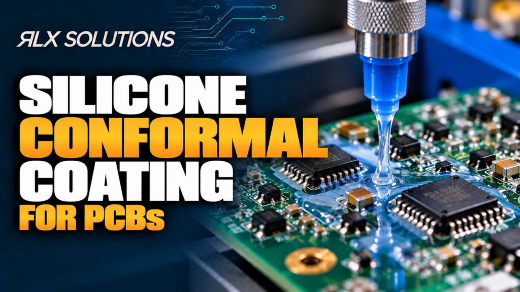 RLX Solutions cover graphic for Silicone Conformal Coating for PCBs, showing printed circuit board imagery