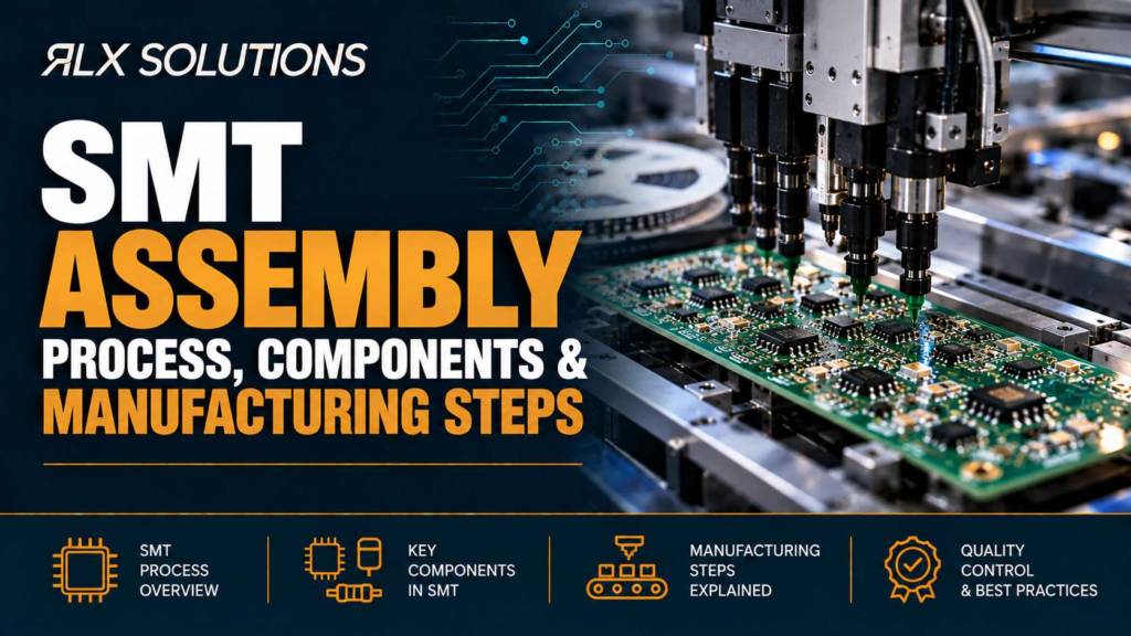 RLX Solutions cover graphic for SMT Assembly: Process, Components & Manufacturing Steps, showing printed circuit board imagery