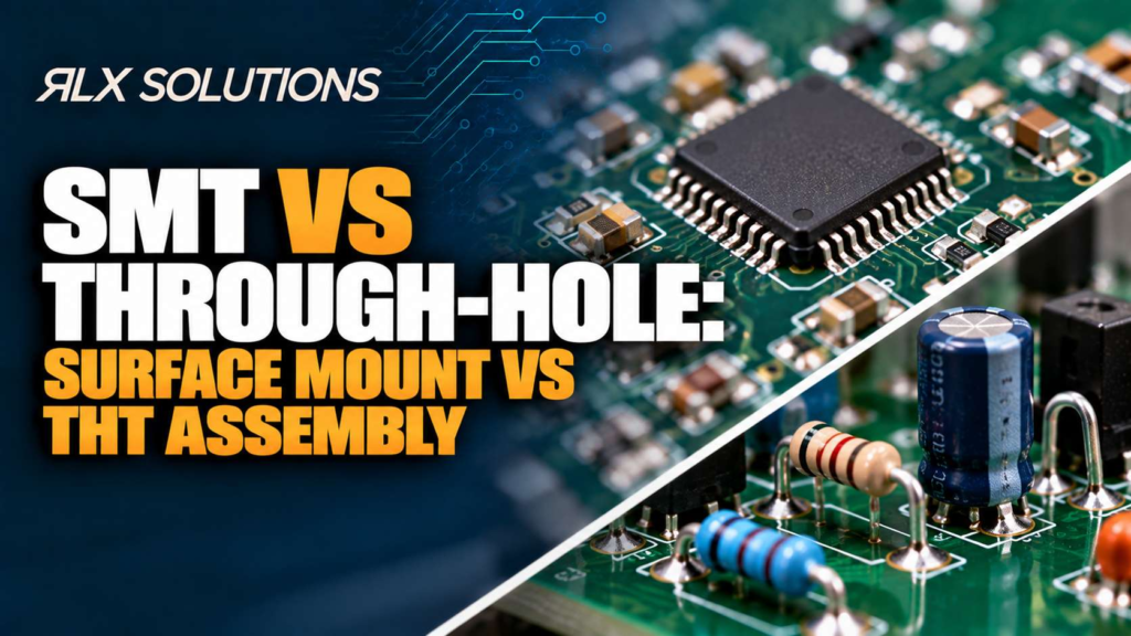 RLX Solutions cover graphic for SMT vs Through-Hole: Surface Mount vs THT Assembly, showing printed circuit board imagery