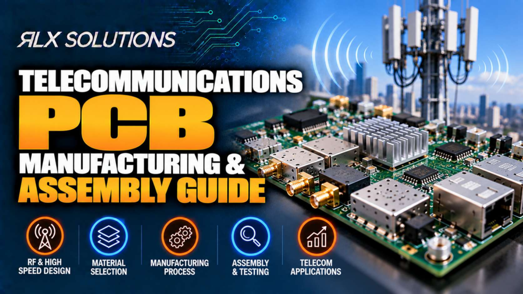 RLX Solutions cover graphic for Telecommunications PCB Manufacturing & Assembly Guide, showing printed circuit board imagery