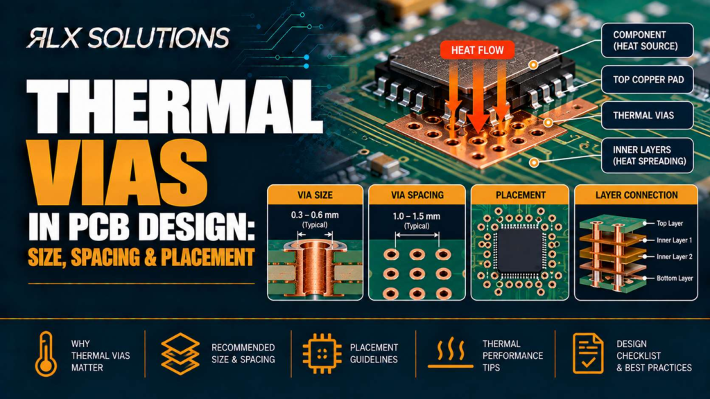 RLX Solutions cover graphic for Thermal Vias in PCB Design: Size, Spacing & Placement, showing printed circuit board imagery