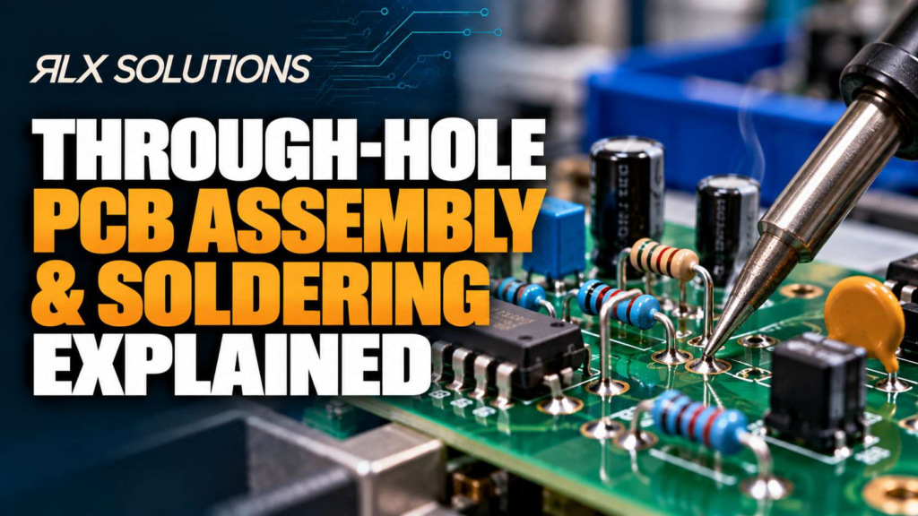 RLX Solutions cover graphic for Through-Hole PCB Assembly & Soldering Explained, showing printed circuit board imagery