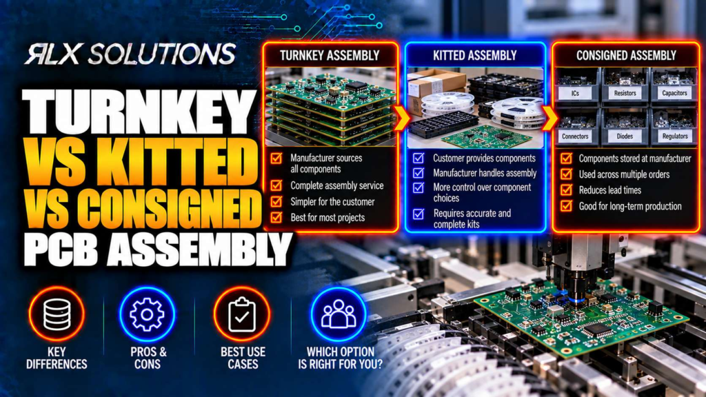 RLX Solutions cover graphic for Turnkey vs Kitted vs Consigned PCB Assembly, showing printed circuit board imagery
