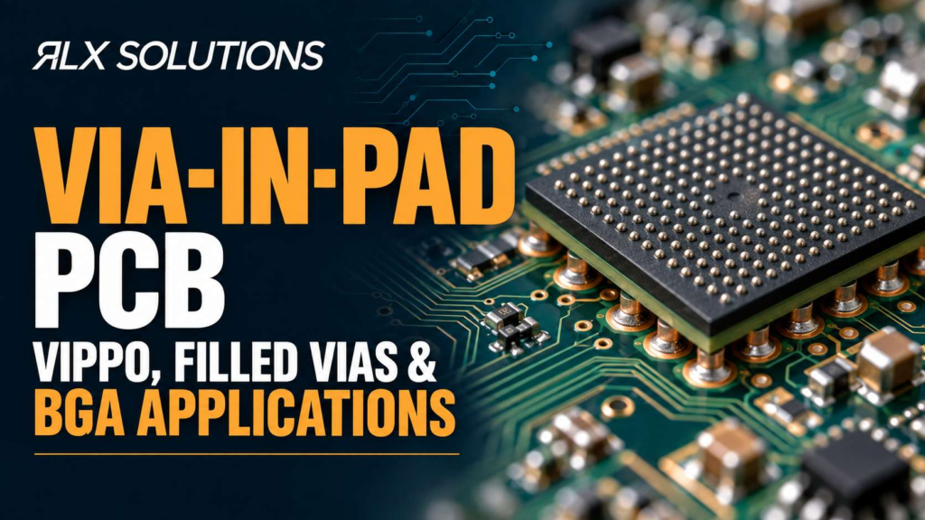 RLX Solutions cover graphic for Via-in-Pad PCB: VIPPO, Filled Vias & BGA Applications, showing printed circuit board imagery