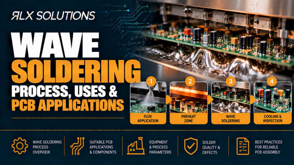 RLX Solutions cover graphic for Wave Soldering: Process, Uses & PCB Applications, showing printed circuit board imagery