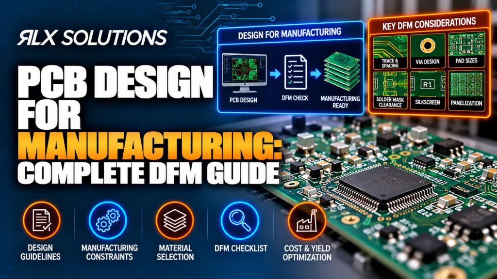 RLX Solutions cover graphic for PCB Design for Manufacturing: Complete DFM Guide, showing printed circuit board imagery
