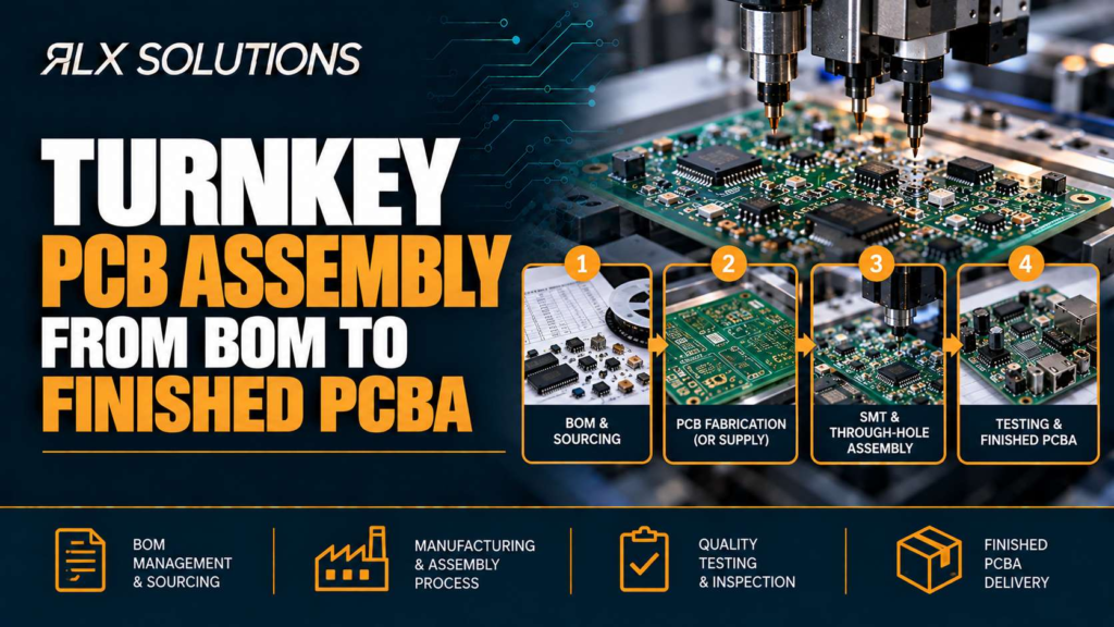 RLX Solutions cover graphic for Turnkey PCB Assembly From BOM to Finished PCBA, showing printed circuit board imagery